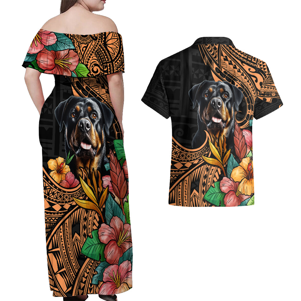 Polynesian Rottweiler Couples Matching Off Shoulder Maxi Dress and Hawaiian Shirt Polynesian Pattern And Rottweiler - Wonder Print Shop