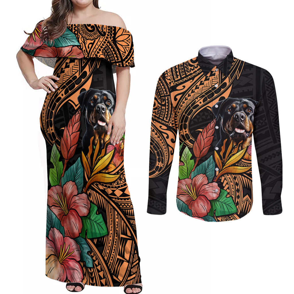 Polynesian Rottweiler Couples Matching Off Shoulder Maxi Dress and Long Sleeve Button Shirts Polynesian Pattern And Rottweiler - Wonder Print Shop