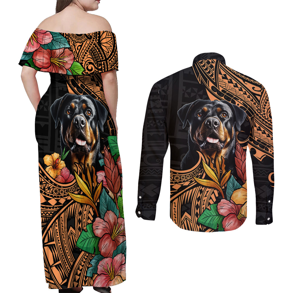 Off-shoulder maxi dress and long-sleeve button shirt, black with rottweiler and hibiscus pattern