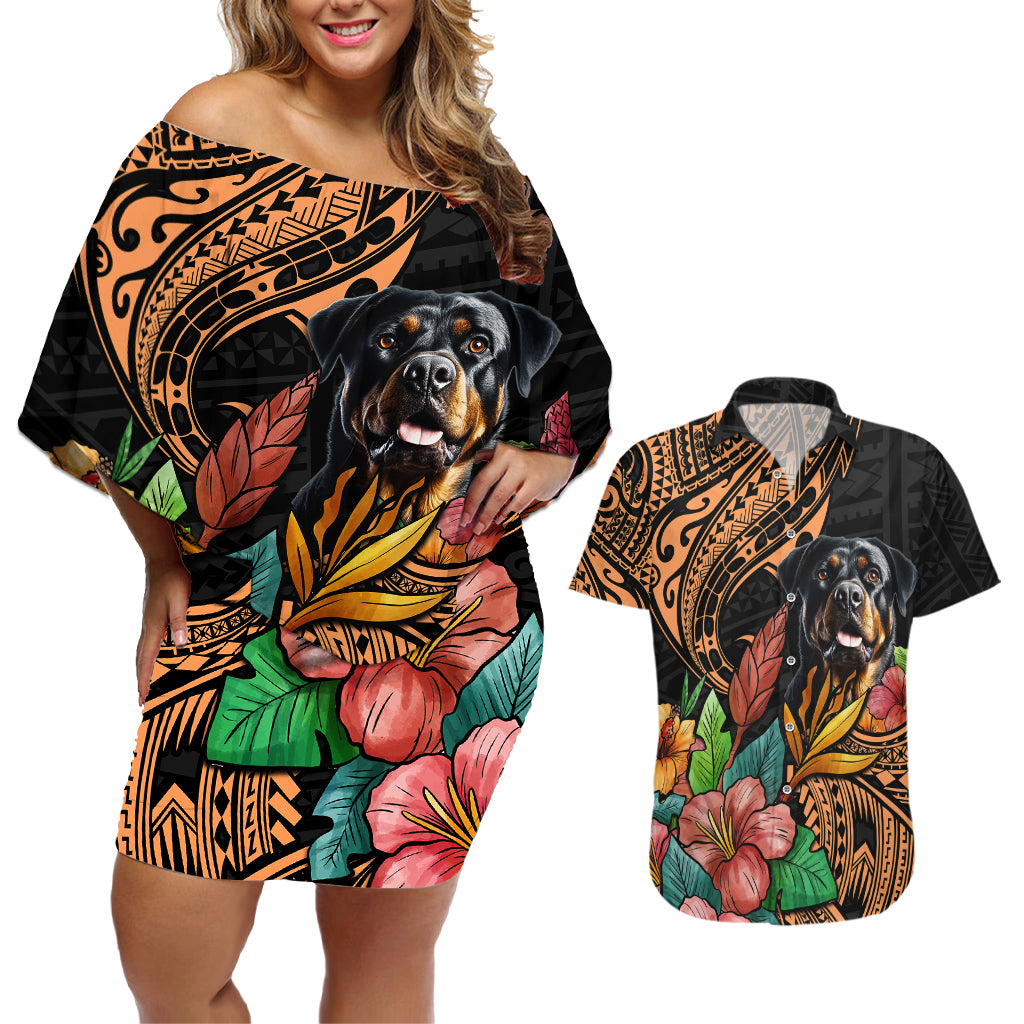 Polynesian Rottweiler Couples Matching Off Shoulder Short Dress and Hawaiian Shirt Polynesian Pattern And Rottweiler - Wonder Print Shop