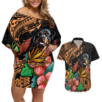 Polynesian Rottweiler Couples Matching Off Shoulder Short Dress and Hawaiian Shirt Polynesian Pattern And Rottweiler - Wonder Print Shop