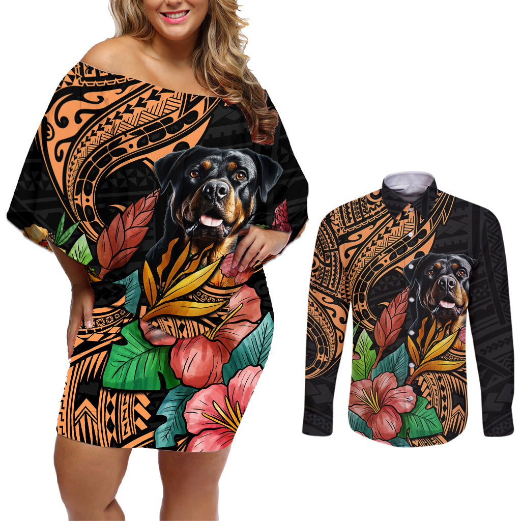 Polynesian Rottweiler Couples Matching Off Shoulder Short Dress and Long Sleeve Button Shirts Polynesian Pattern And Rottweiler - Wonder Print Shop