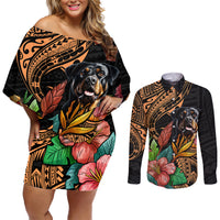 Polynesian Rottweiler Couples Matching Off Shoulder Short Dress and Long Sleeve Button Shirts Polynesian Pattern And Rottweiler - Wonder Print Shop
