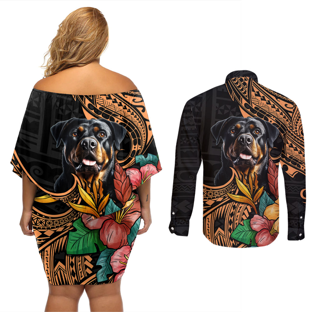 Polynesian Rottweiler Couples Matching Off Shoulder Short Dress and Long Sleeve Button Shirts Polynesian Pattern And Rottweiler - Wonder Print Shop