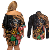 Polynesian Rottweiler Couples Matching Off Shoulder Short Dress and Long Sleeve Button Shirts Polynesian Pattern And Rottweiler - Wonder Print Shop