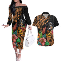 Polynesian Rottweiler Couples Matching Off The Shoulder Long Sleeve Dress and Hawaiian Shirt Polynesian Pattern And Rottweiler - Wonder Print Shop