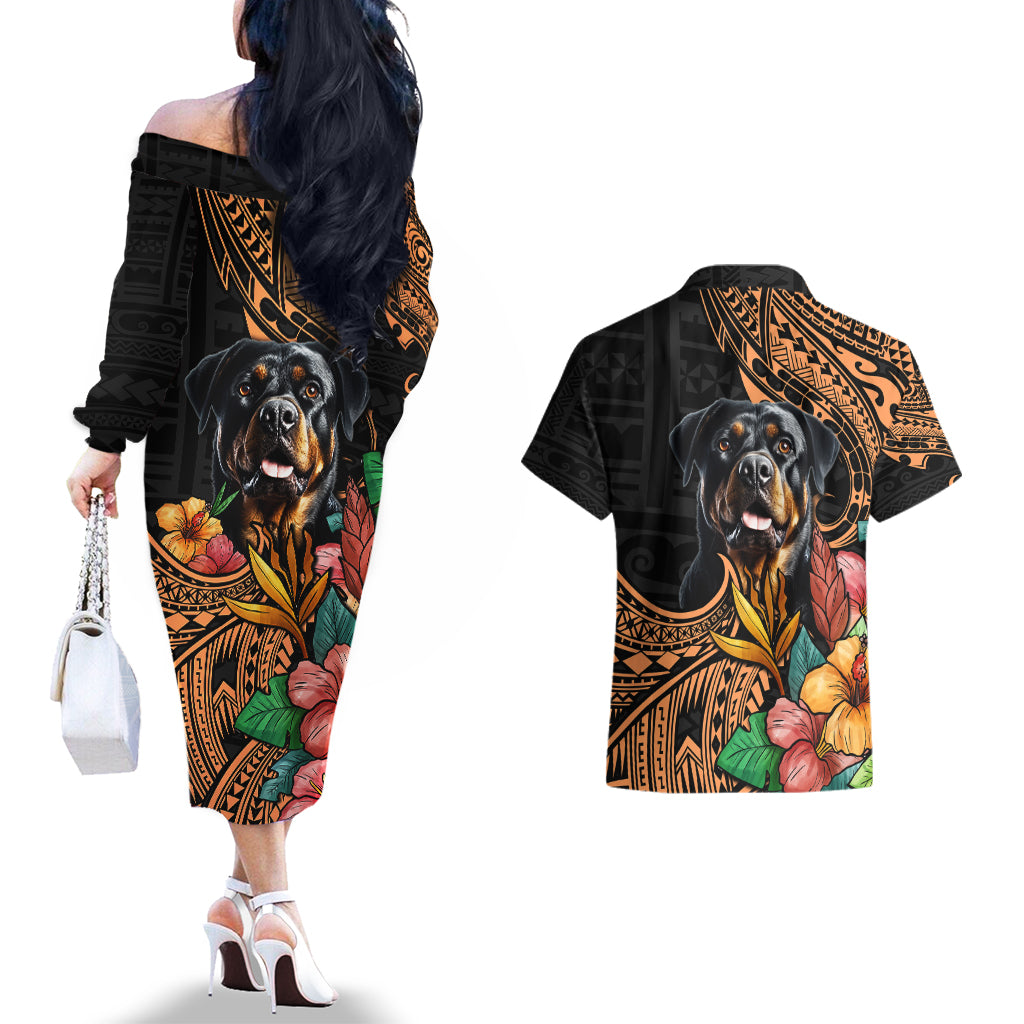 Polynesian Rottweiler Couples Matching Off The Shoulder Long Sleeve Dress and Hawaiian Shirt Polynesian Pattern And Rottweiler - Wonder Print Shop