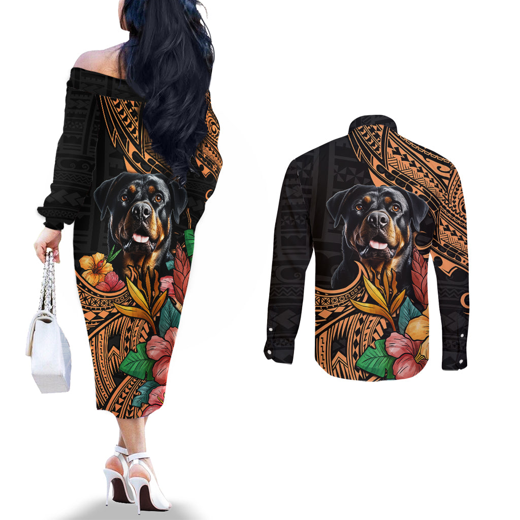 polynesian-rottweiler-couples-matching-off-the-shoulder-long-sleeve-dress-and-long-sleeve-button-shirts-polynesian-pattern-and-rottweiler