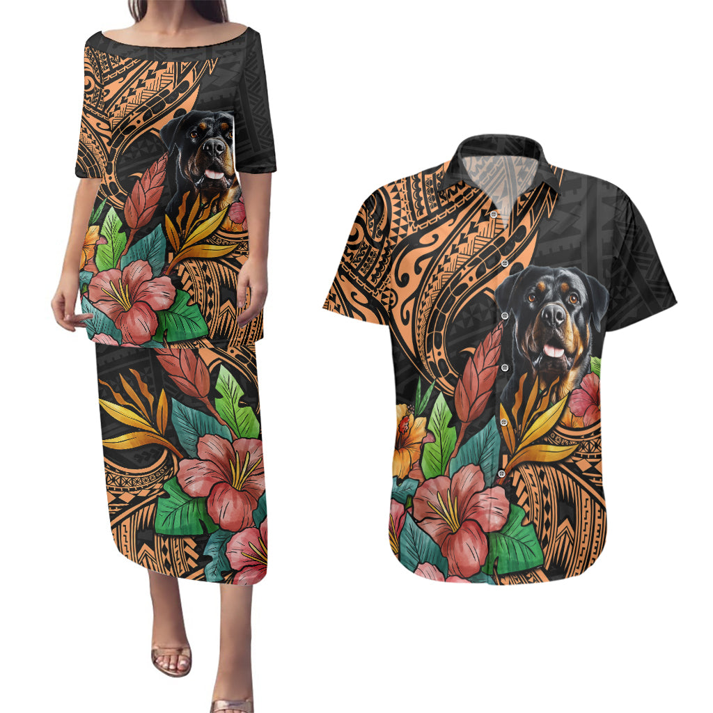 Polynesian Rottweiler Couples Matching Puletasi Dress and Hawaiian Shirt Polynesian Pattern And Rottweiler - Wonder Print Shop