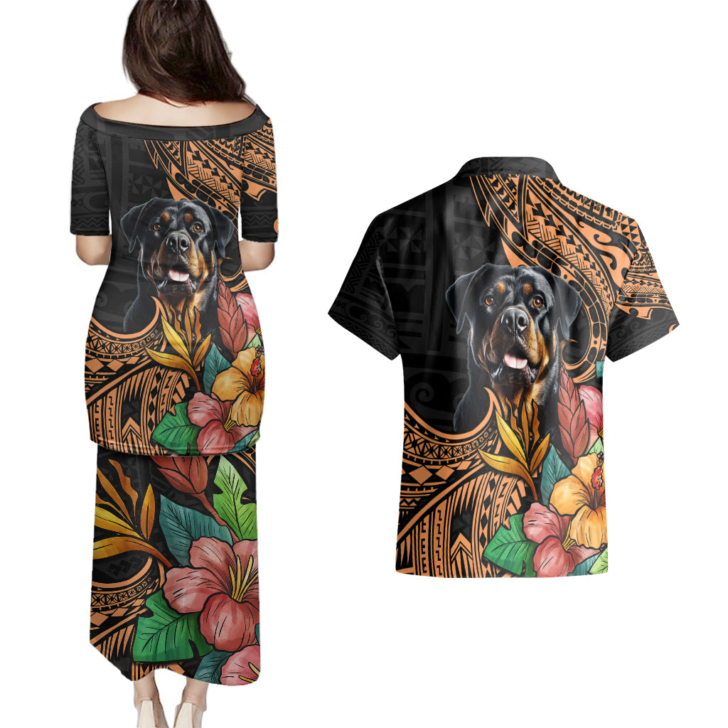 Polynesian Rottweiler Couples Matching Puletasi Dress and Hawaiian Shirt Polynesian Pattern And Rottweiler - Wonder Print Shop