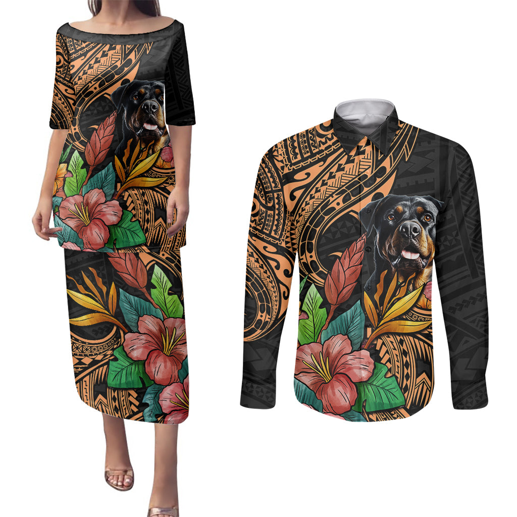 Polynesian Rottweiler Couples Matching Puletasi Dress and Long Sleeve Button Shirts Polynesian Pattern And Rottweiler - Wonder Print Shop