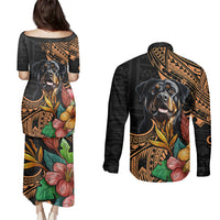 Polynesian Rottweiler Couples Matching Puletasi Dress and Long Sleeve Button Shirts Polynesian Pattern And Rottweiler - Wonder Print Shop