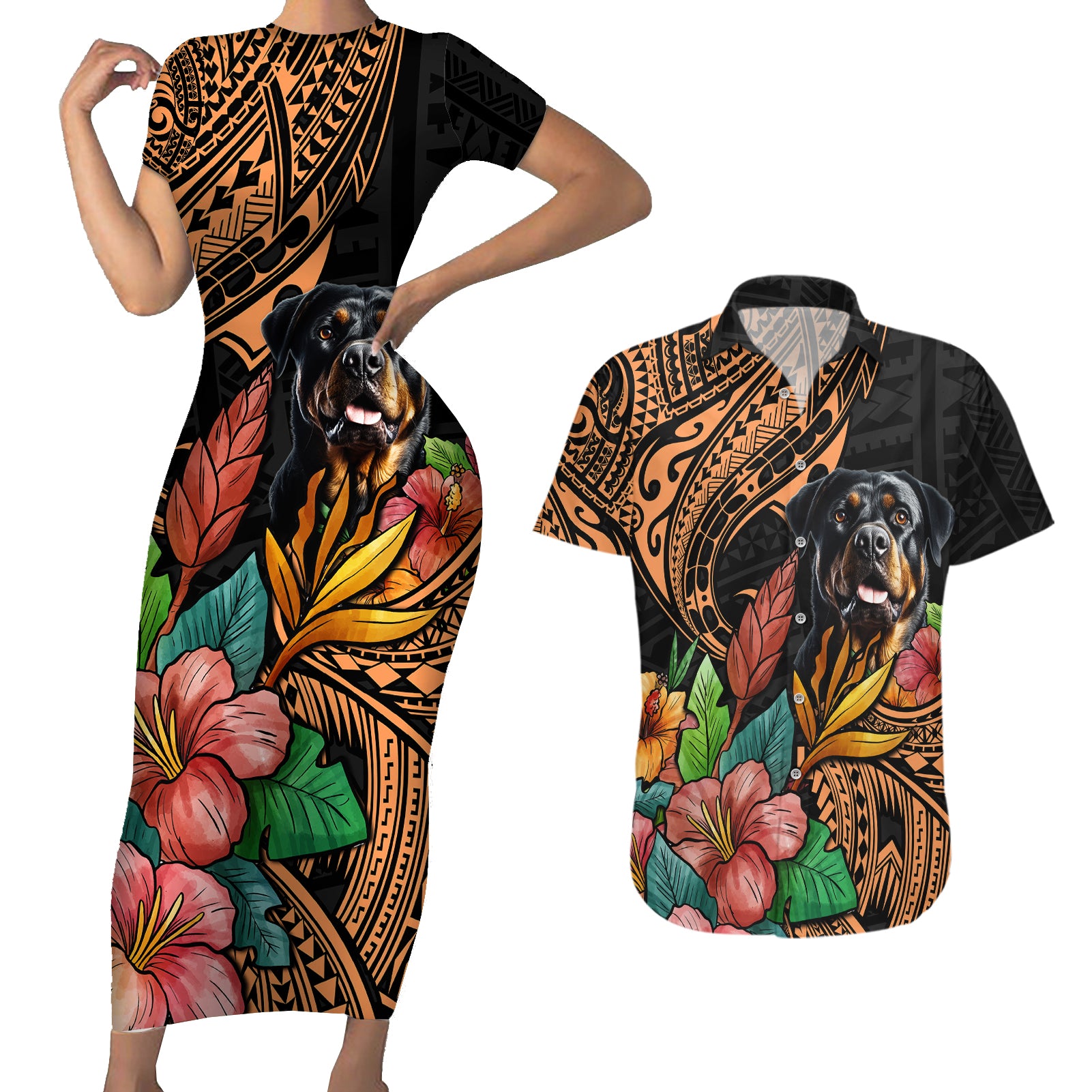 Polynesian Rottweiler Couples Matching Short Sleeve Bodycon Dress and Hawaiian Shirt Polynesian Pattern And Rottweiler - Wonder Print Shop