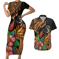 Polynesian Rottweiler Couples Matching Short Sleeve Bodycon Dress and Hawaiian Shirt Polynesian Pattern And Rottweiler - Wonder Print Shop
