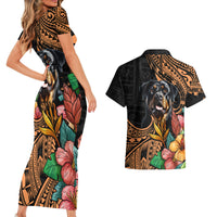 Polynesian Rottweiler Couples Matching Short Sleeve Bodycon Dress and Hawaiian Shirt Polynesian Pattern And Rottweiler - Wonder Print Shop