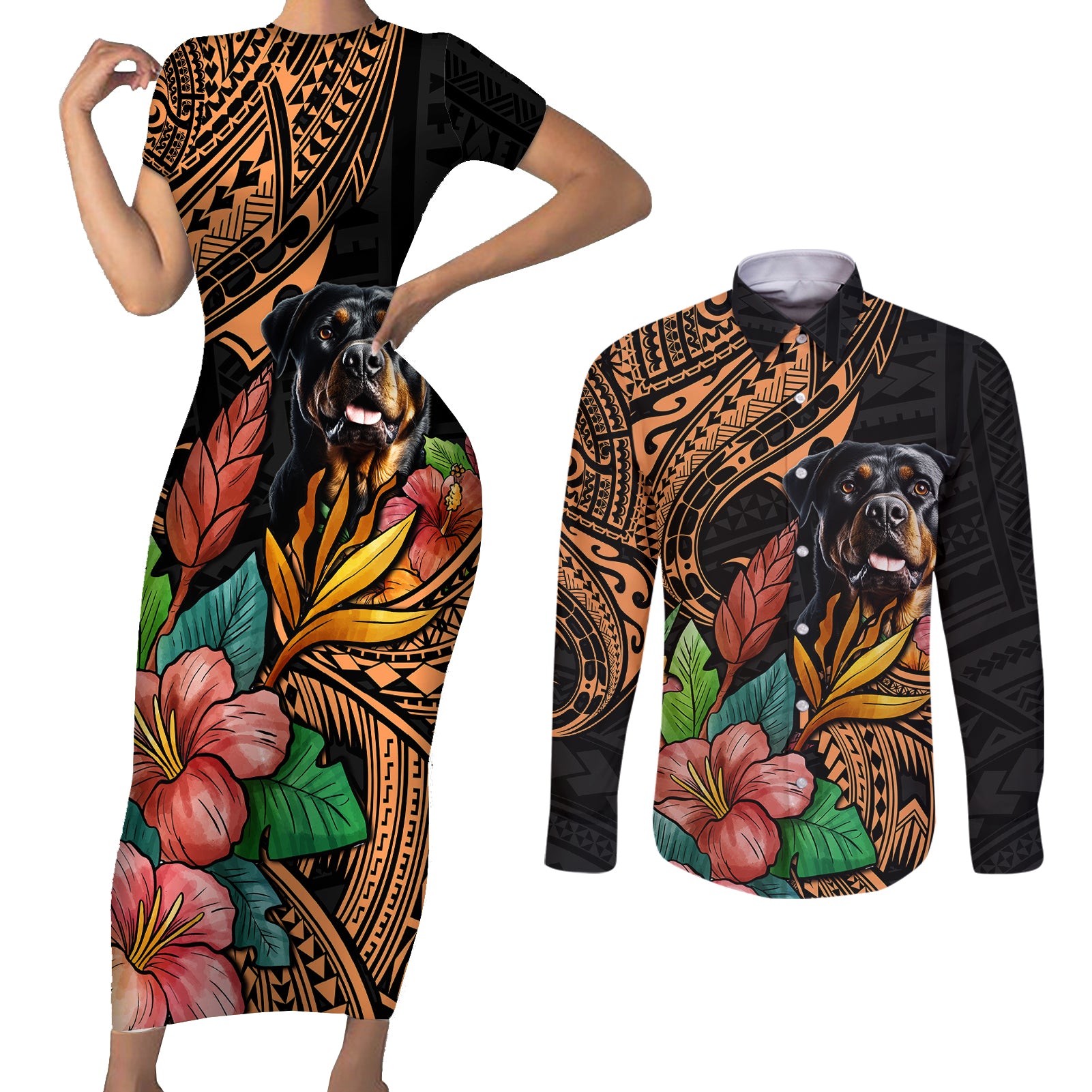 Polynesian Rottweiler Couples Matching Short Sleeve Bodycon Dress and Long Sleeve Button Shirts Polynesian Pattern And Rottweiler - Wonder Print Shop
