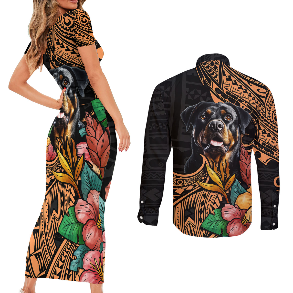 Polynesian Rottweiler Couples Matching Short Sleeve Bodycon Dress and Long Sleeve Button Shirts Polynesian Pattern And Rottweiler - Wonder Print Shop