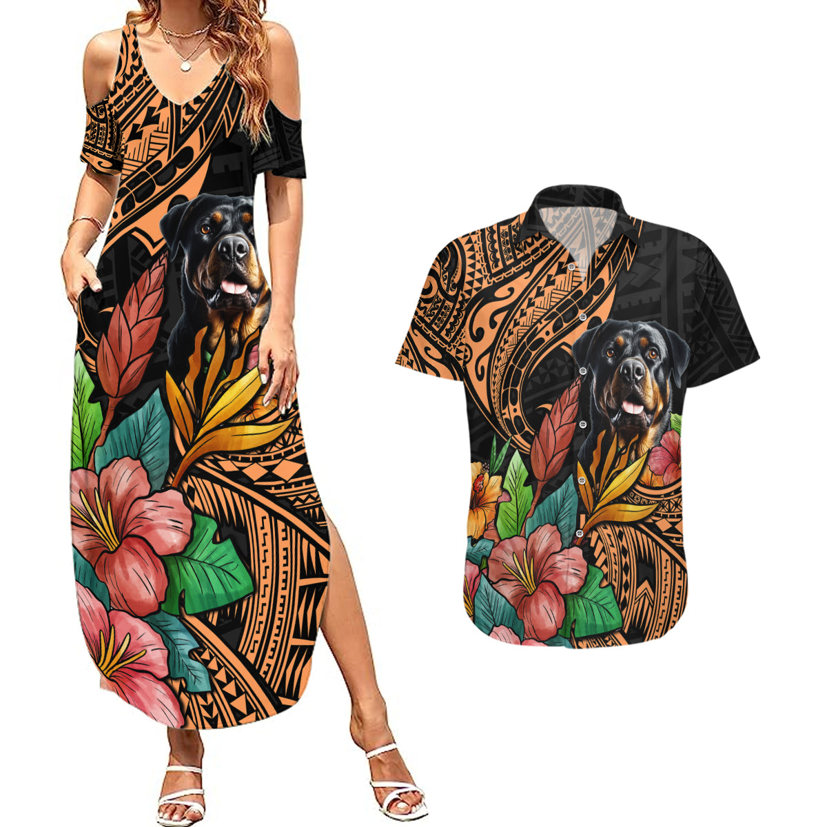 Polynesian Rottweiler Couples Matching Summer Maxi Dress and Hawaiian Shirt Polynesian Pattern And Rottweiler - Wonder Print Shop