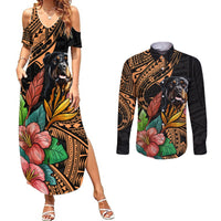 Polynesian Rottweiler Couples Matching Summer Maxi Dress and Long Sleeve Button Shirts Polynesian Pattern And Rottweiler - Wonder Print Shop