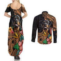 Polynesian Rottweiler Couples Matching Summer Maxi Dress and Long Sleeve Button Shirts Polynesian Pattern And Rottweiler - Wonder Print Shop