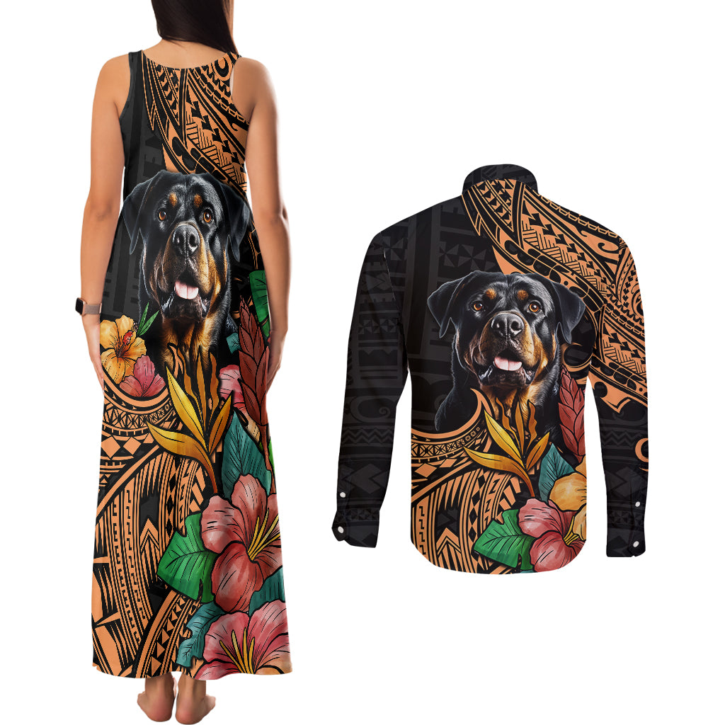 Polynesian Rottweiler Couples Matching Tank Maxi Dress and Long Sleeve Button Shirts Polynesian Pattern And Rottweiler - Wonder Print Shop