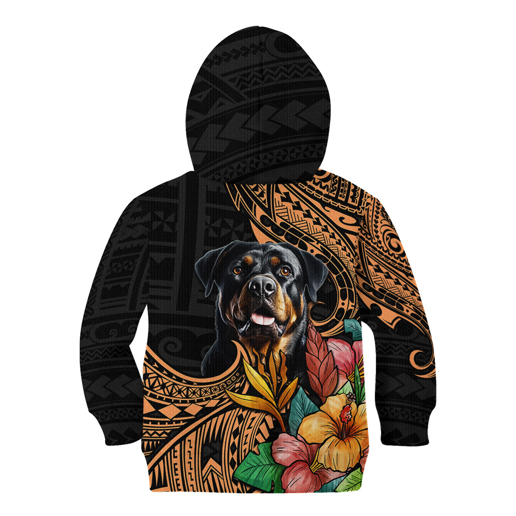 Kids black pullover hoodie with side view Rottweiler and floral Polynesian pattern