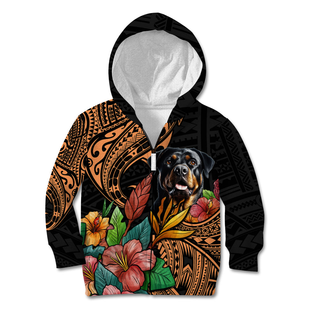 Kids black pullover hoodie front view with Rottweiler and colorful floral Polynesian print