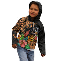 Kids black pullover hoodie worn by child, Rottweiler and floral Polynesian pattern