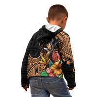 Kids black pullover hoodie back view with Rottweiler and floral Polynesian pattern