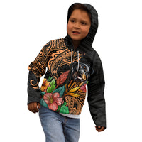Kids black pullover hoodie worn by child, front Rottweiler and floral Polynesian print