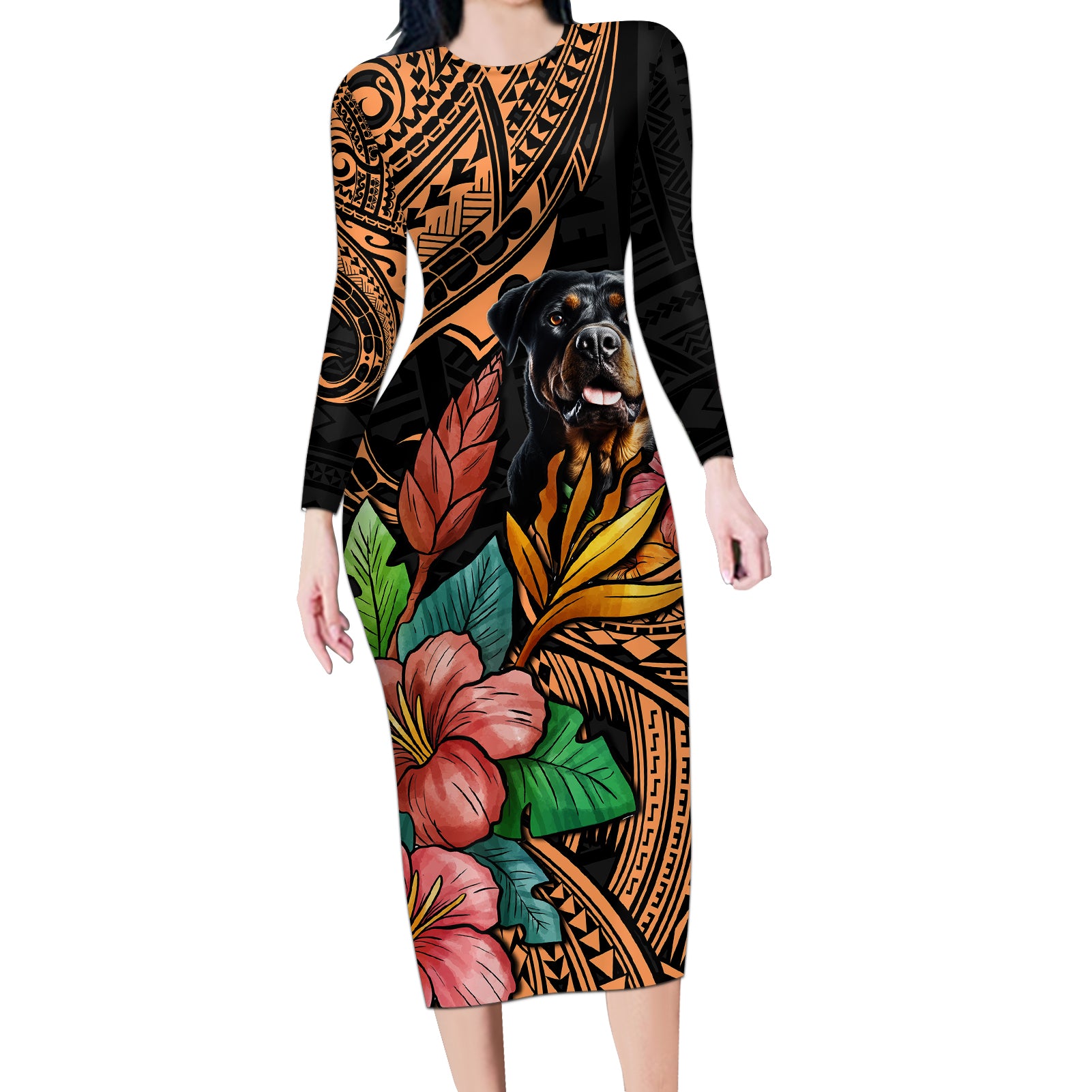 Polynesian Rottweiler Long Sleeve Bodycon Dress Polynesian Pattern And Rottweiler - Wonder Print Shop