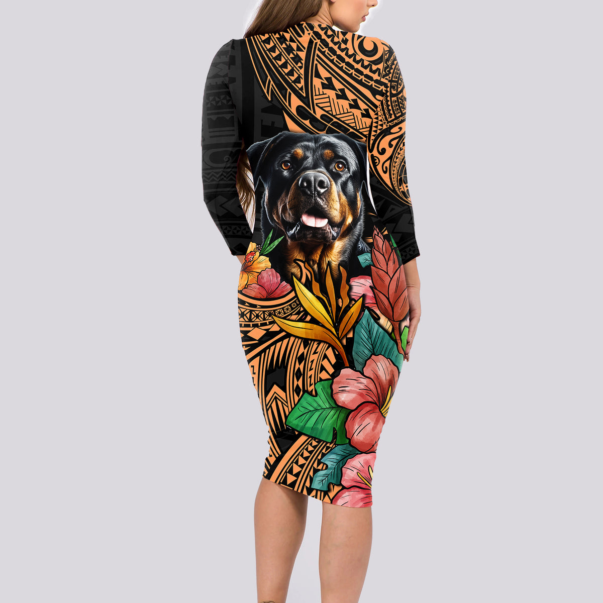 Polynesian Rottweiler Long Sleeve Bodycon Dress Polynesian Pattern And Rottweiler - Wonder Print Shop