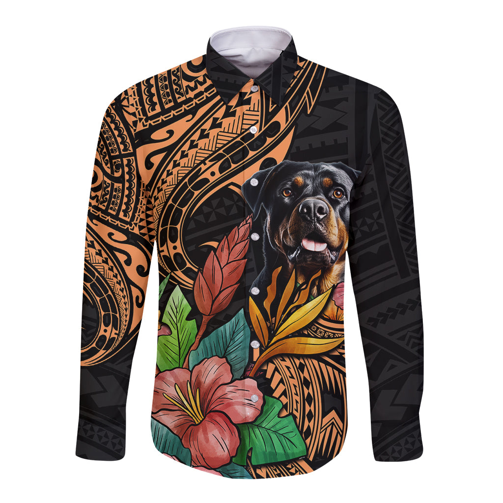 Polynesian Rottweiler Long Sleeve Button Shirt Polynesian Pattern And Rottweiler - Wonder Print Shop