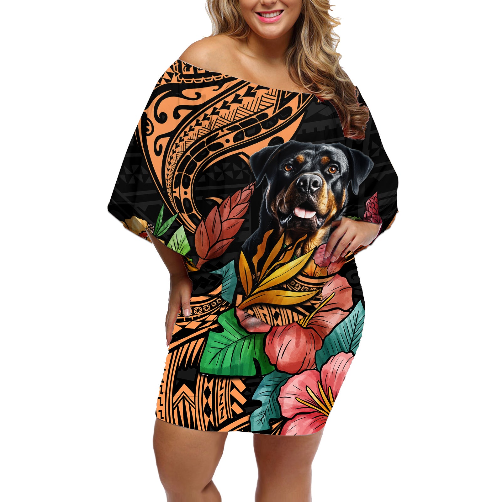 Polynesian Rottweiler Off Shoulder Short Dress Polynesian Pattern And Rottweiler - Wonder Print Shop