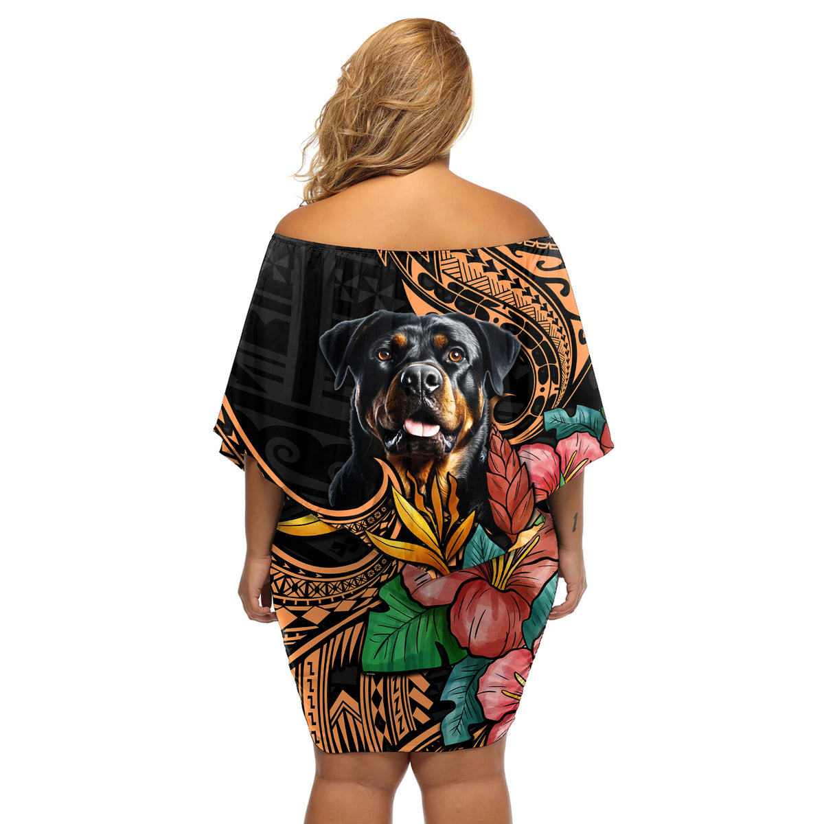 Polynesian Rottweiler Off Shoulder Short Dress Polynesian Pattern And Rottweiler - Wonder Print Shop