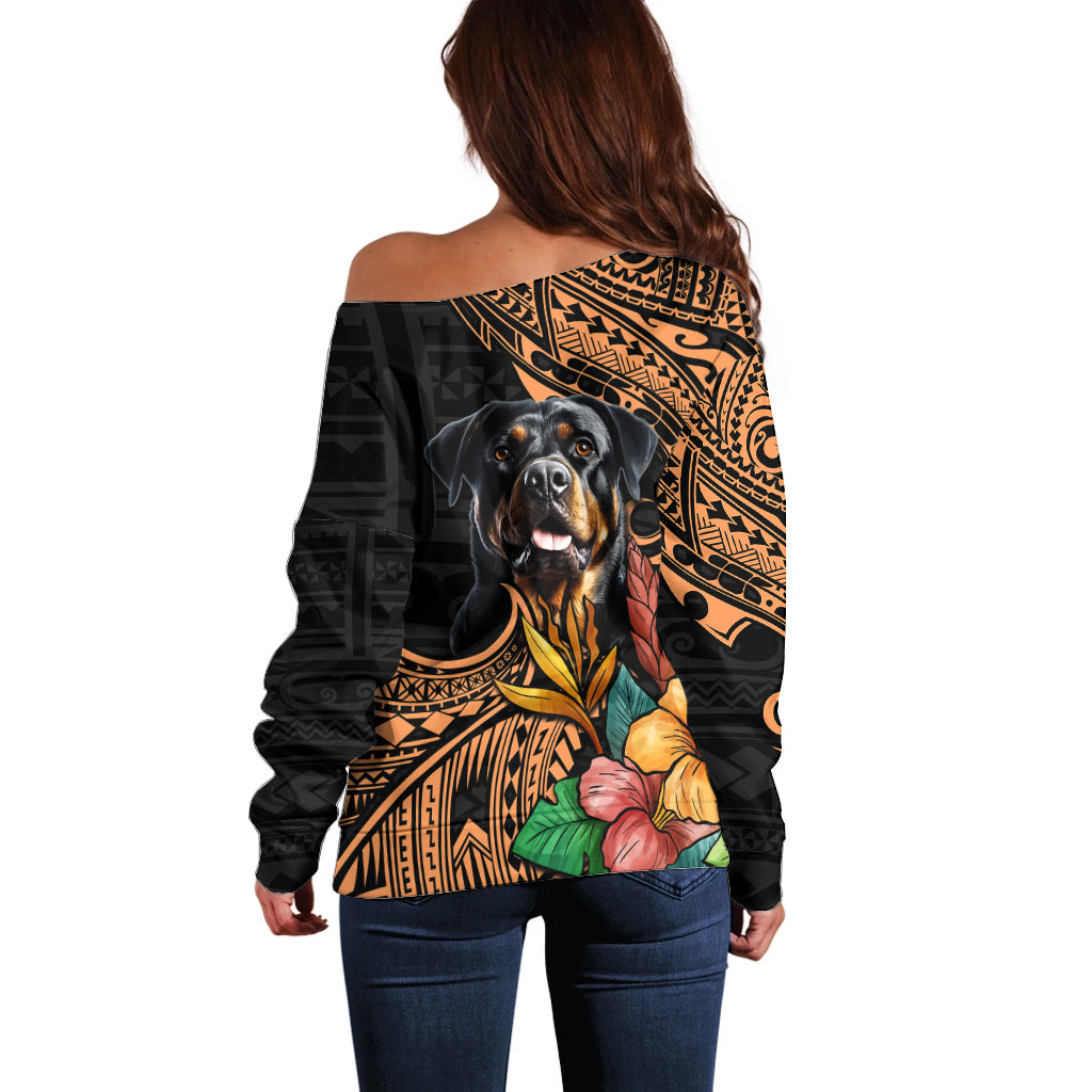 Polynesian Rottweiler Off Shoulder Sweater Polynesian Pattern And Rottweiler - Wonder Print Shop