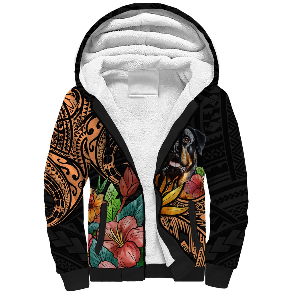 Polynesian Rottweiler Sherpa Hoodie Polynesian Pattern And Rottweiler - Wonder Print Shop