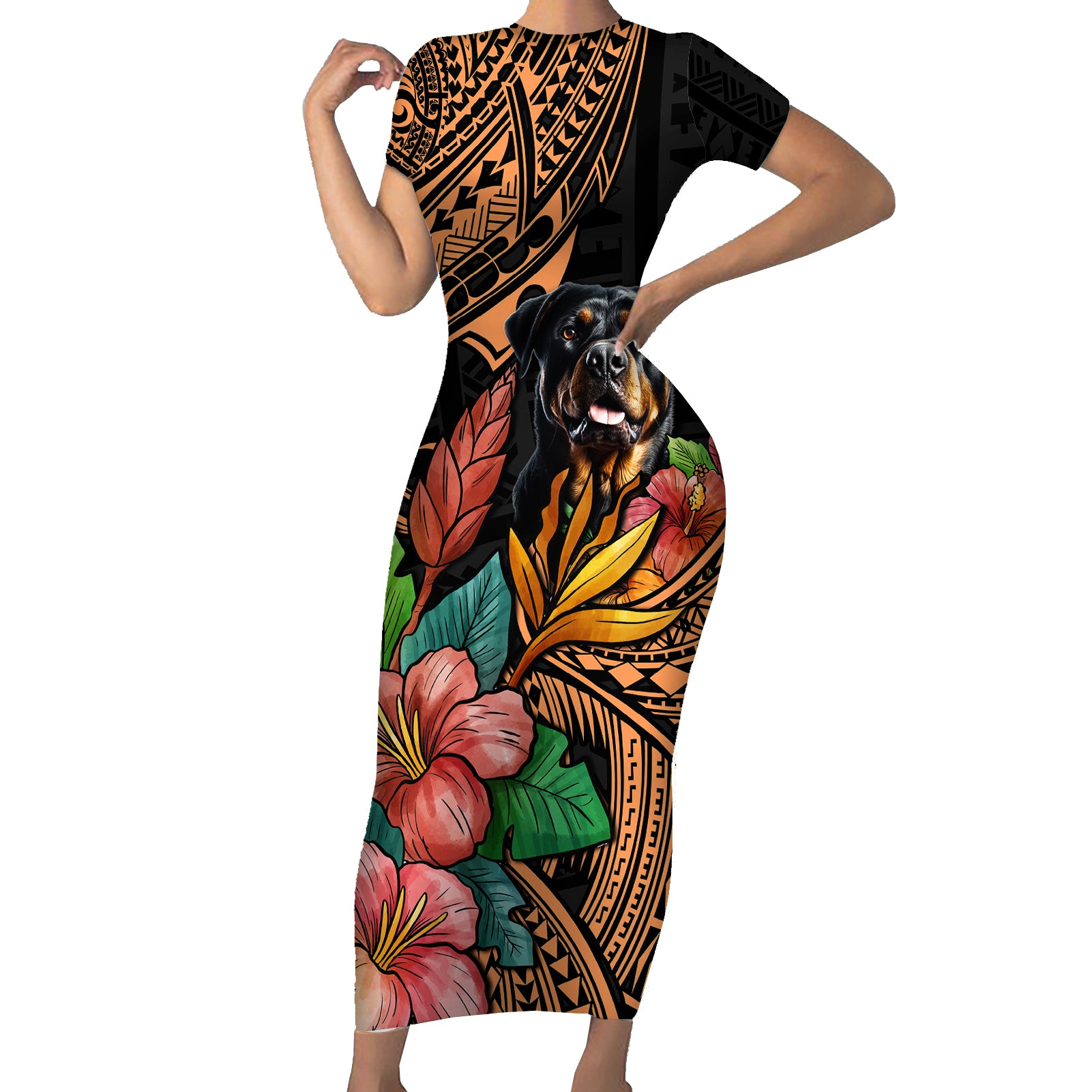 Polynesian Rottweiler Short Sleeve Bodycon Dress Polynesian Pattern And Rottweiler - Wonder Print Shop