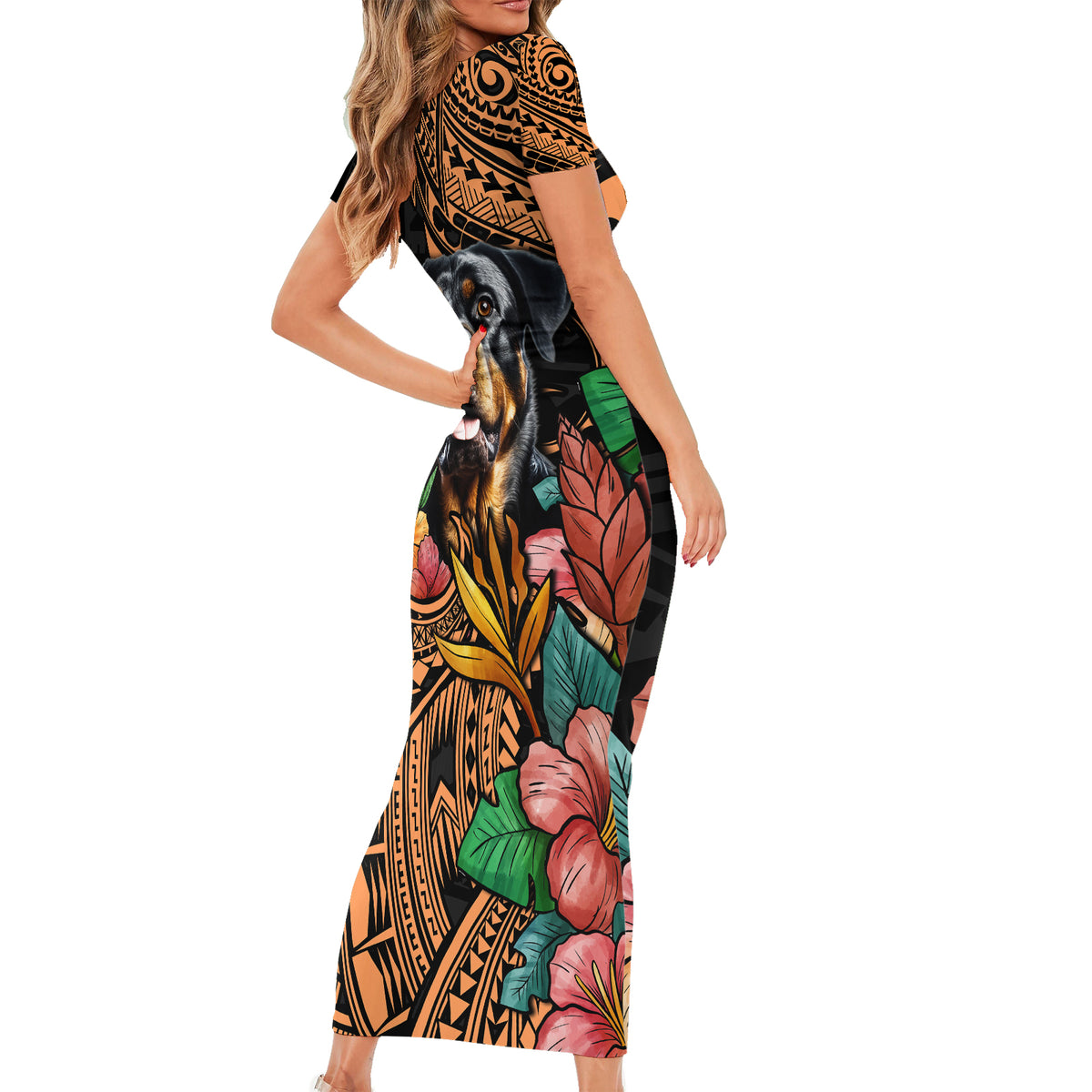 Polynesian Rottweiler Short Sleeve Bodycon Dress Polynesian Pattern And Rottweiler - Wonder Print Shop