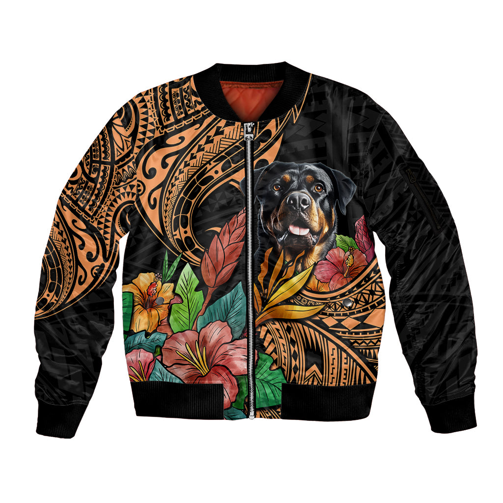 Polynesian Rottweiler Sleeve Zip Bomber Jacket Polynesian Pattern And Rottweiler - Wonder Print Shop