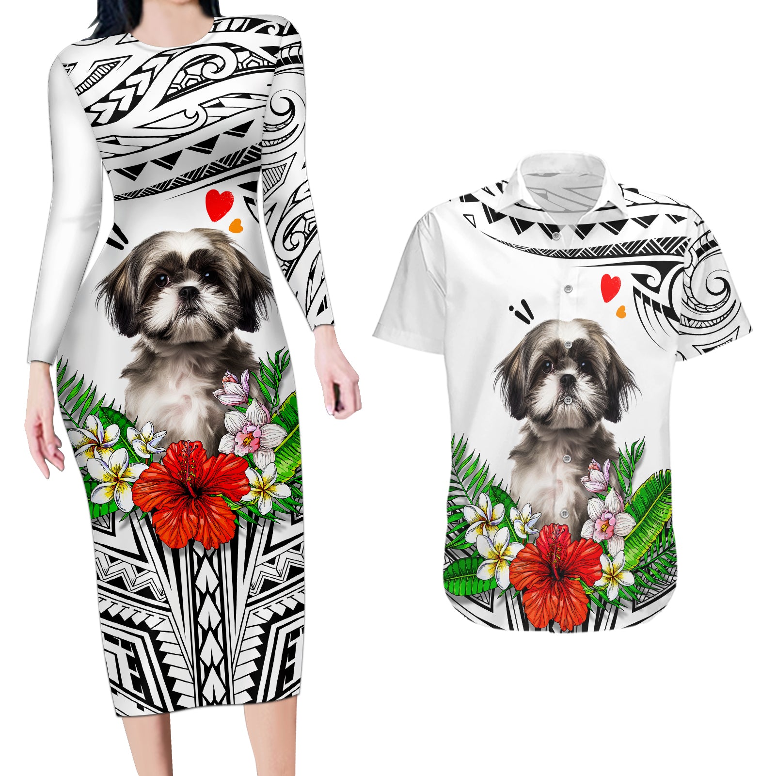 Polynesian Shih Tzu Couples Matching Long Sleeve Bodycon Dress and Hawaiian Shirt Polynesian Pattern And Shih Tzu - Wonder Print Shop