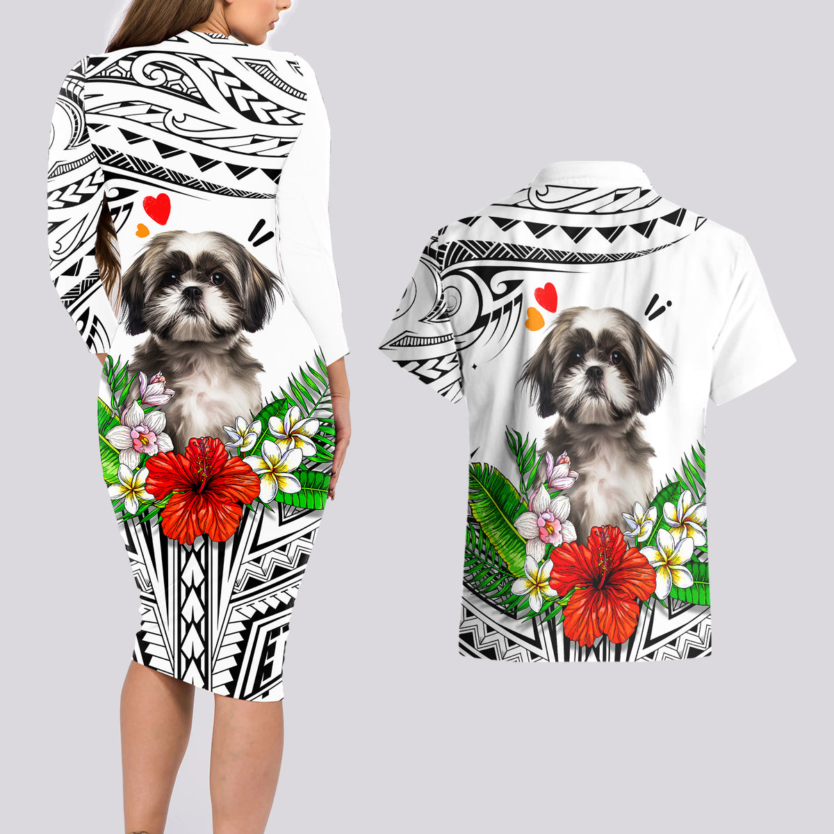 Polynesian Shih Tzu Couples Matching Long Sleeve Bodycon Dress and Hawaiian Shirt Polynesian Pattern And Shih Tzu - Wonder Print Shop