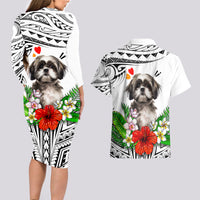 Polynesian Shih Tzu Couples Matching Long Sleeve Bodycon Dress and Hawaiian Shirt Polynesian Pattern And Shih Tzu - Wonder Print Shop