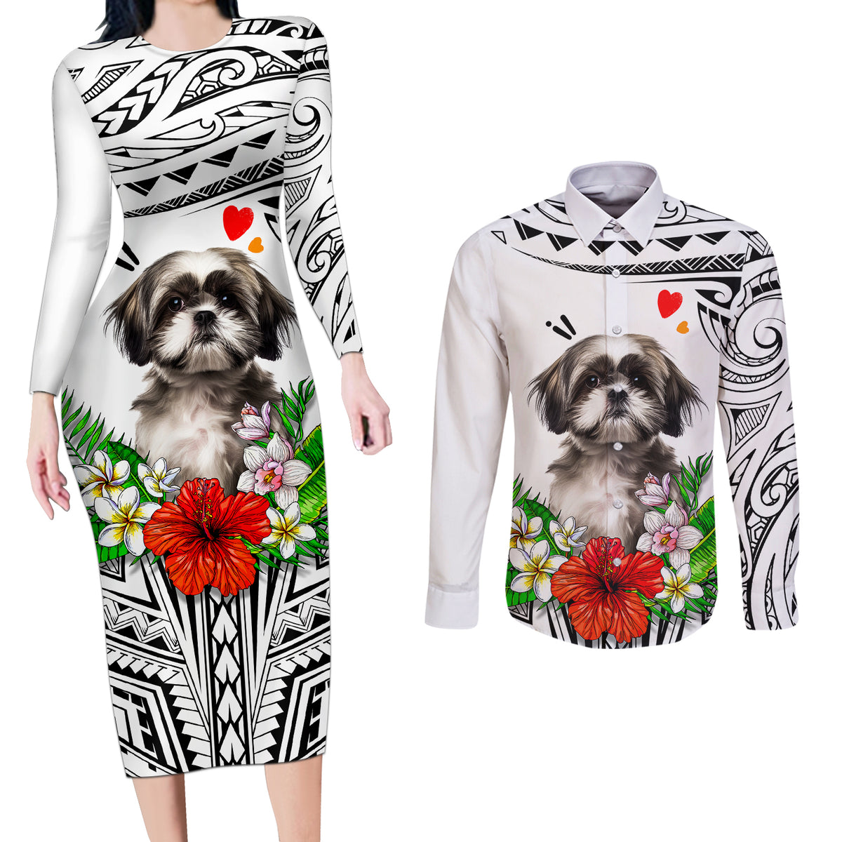 Polynesian Shih Tzu Couples Matching Long Sleeve Bodycon Dress and Long Sleeve Button Shirts Polynesian Pattern And Shih Tzu - Wonder Print Shop
