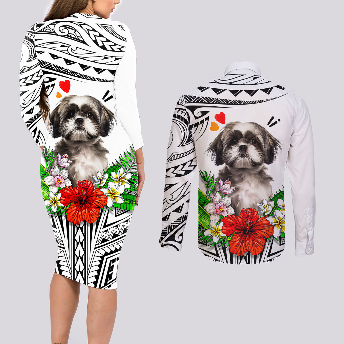 Polynesian Shih Tzu Couples Matching Long Sleeve Bodycon Dress and Long Sleeve Button Shirts Polynesian Pattern And Shih Tzu - Wonder Print Shop