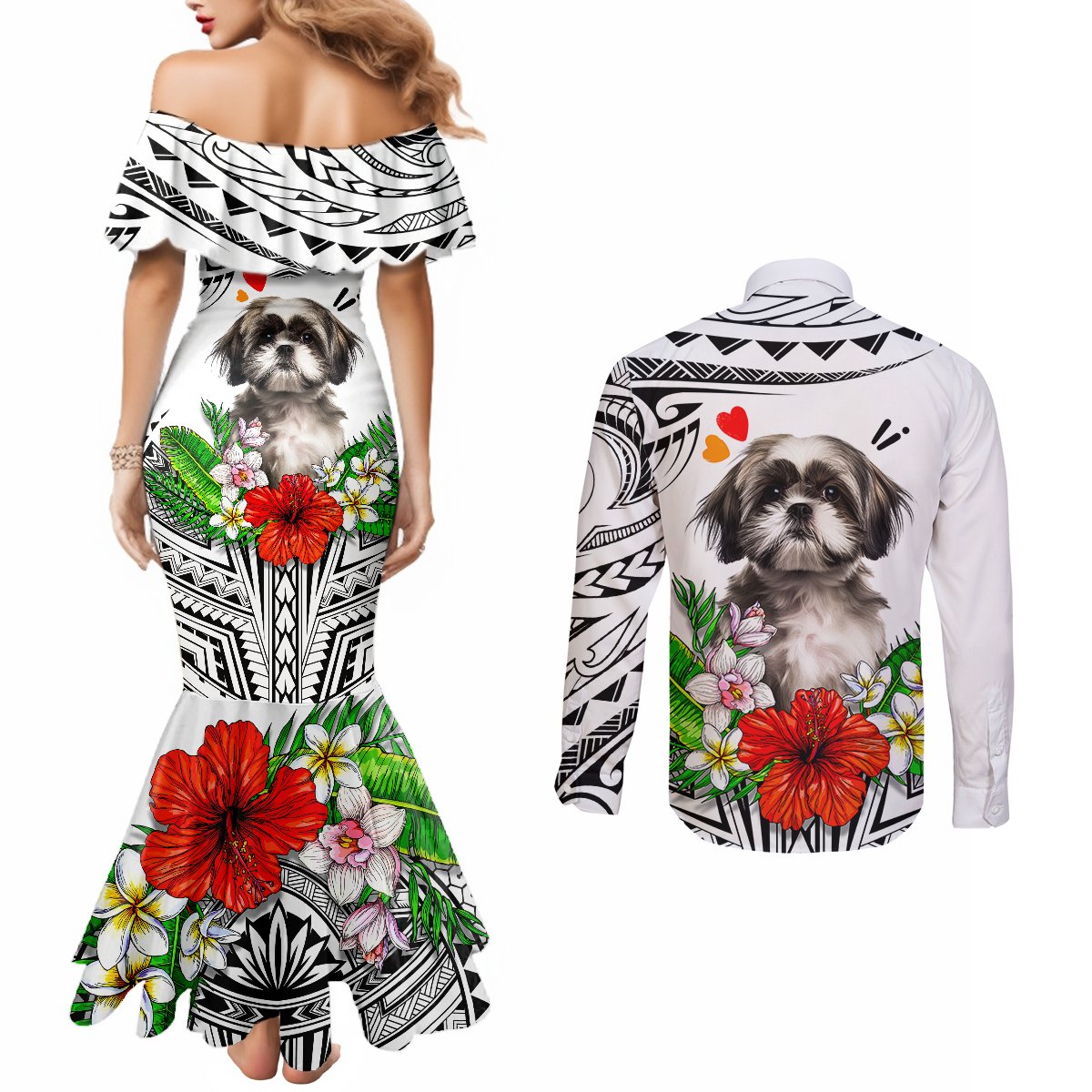 polynesian-shih-tzu-couples-matching-mermaid-dress-and-long-sleeve-button-shirts-polynesian-pattern-and-shih-tzu
