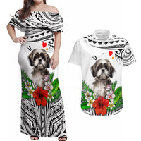 Polynesian Shih Tzu Couples Matching Off Shoulder Maxi Dress and Hawaiian Shirt Polynesian Pattern And Shih Tzu - Wonder Print Shop