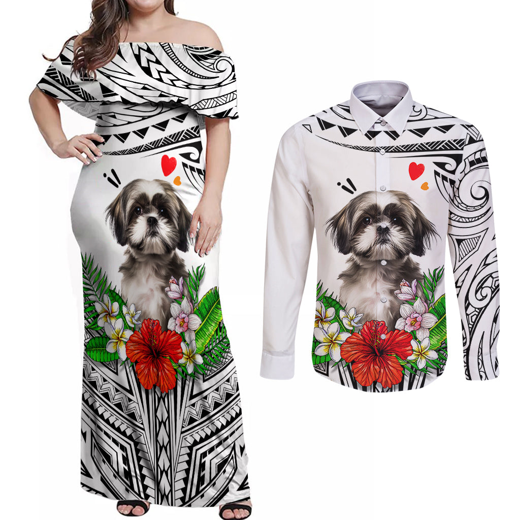 Polynesian Shih Tzu Couples Matching Off Shoulder Maxi Dress and Long Sleeve Button Shirts Polynesian Pattern And Shih Tzu - Wonder Print Shop