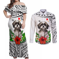Polynesian Shih Tzu Couples Matching Off Shoulder Maxi Dress and Long Sleeve Button Shirts Polynesian Pattern And Shih Tzu - Wonder Print Shop