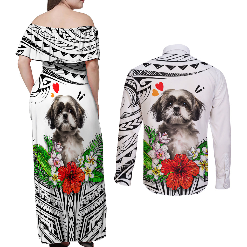 Polynesian Shih Tzu Couples Matching Off Shoulder Maxi Dress and Long Sleeve Button Shirts Polynesian Pattern And Shih Tzu - Wonder Print Shop